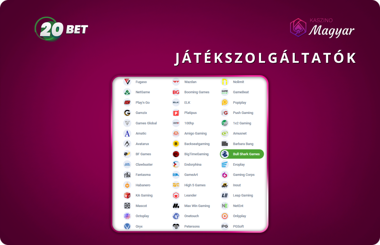 20Bet játékszolgáltatók: Széles választék a legjobb fejlesztőktől